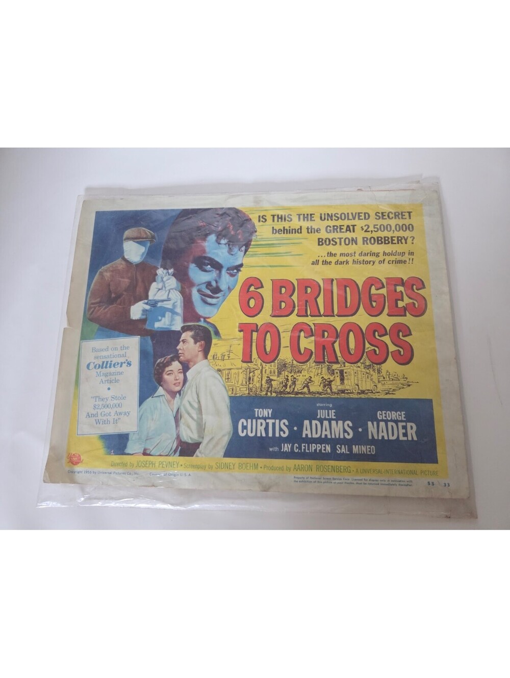 Vintage 1955 6 Bridges to Cross Paper Lobby Card Universal Pictures Tony Collier